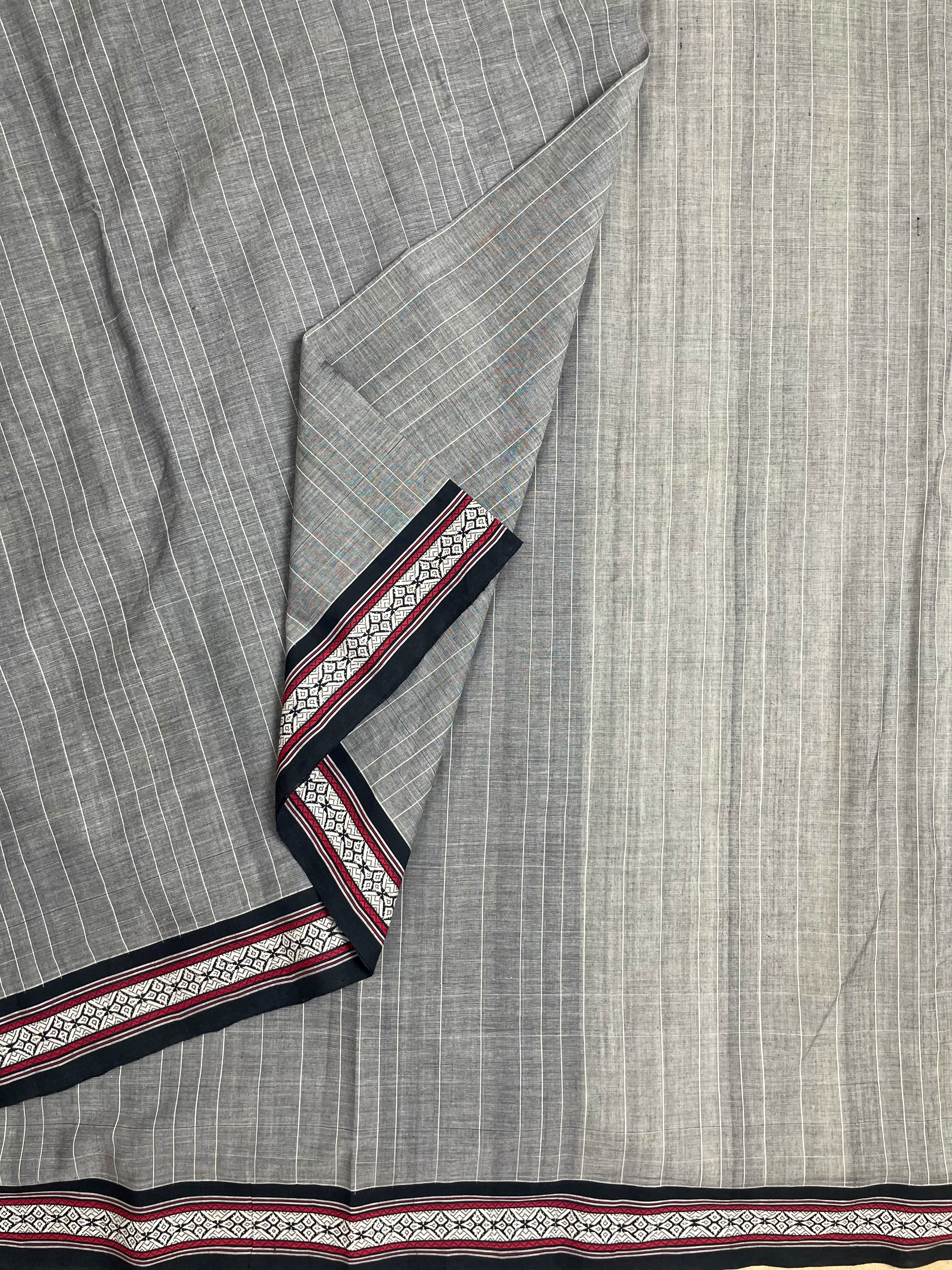 Grey striped handloom cotton saree