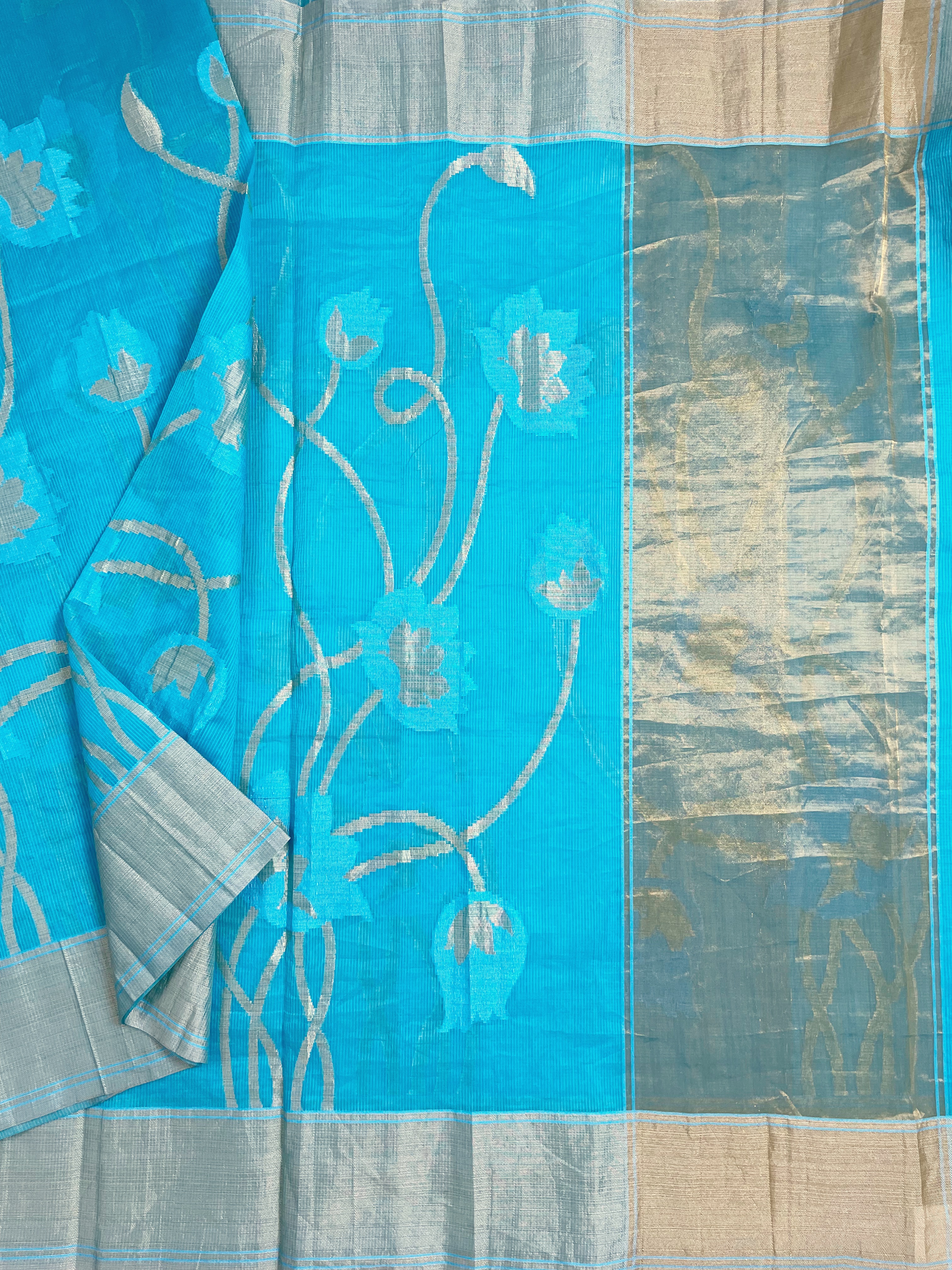 Blue superset saree with floral woven motifs
