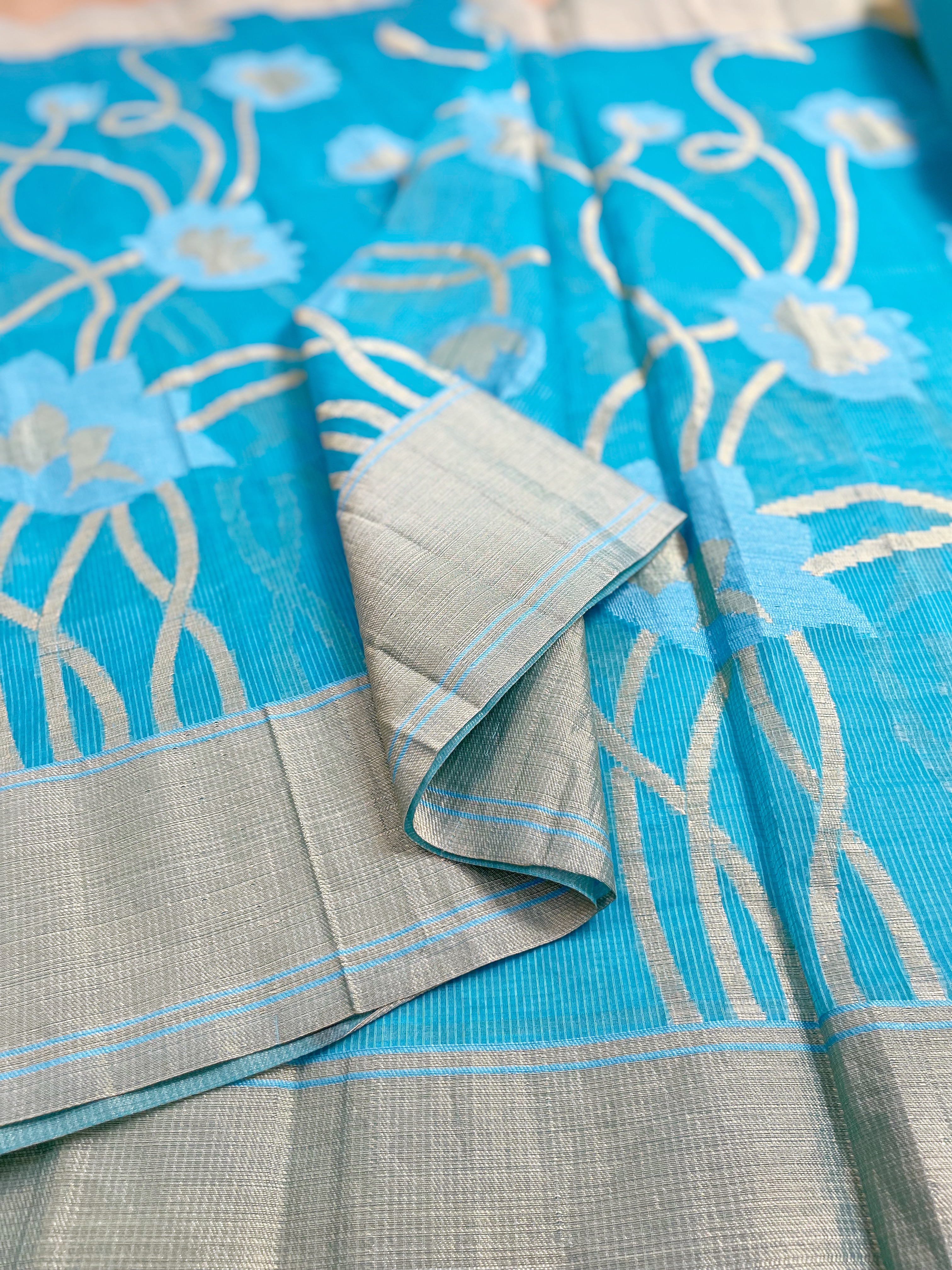 Blue superset saree with floral woven motifs