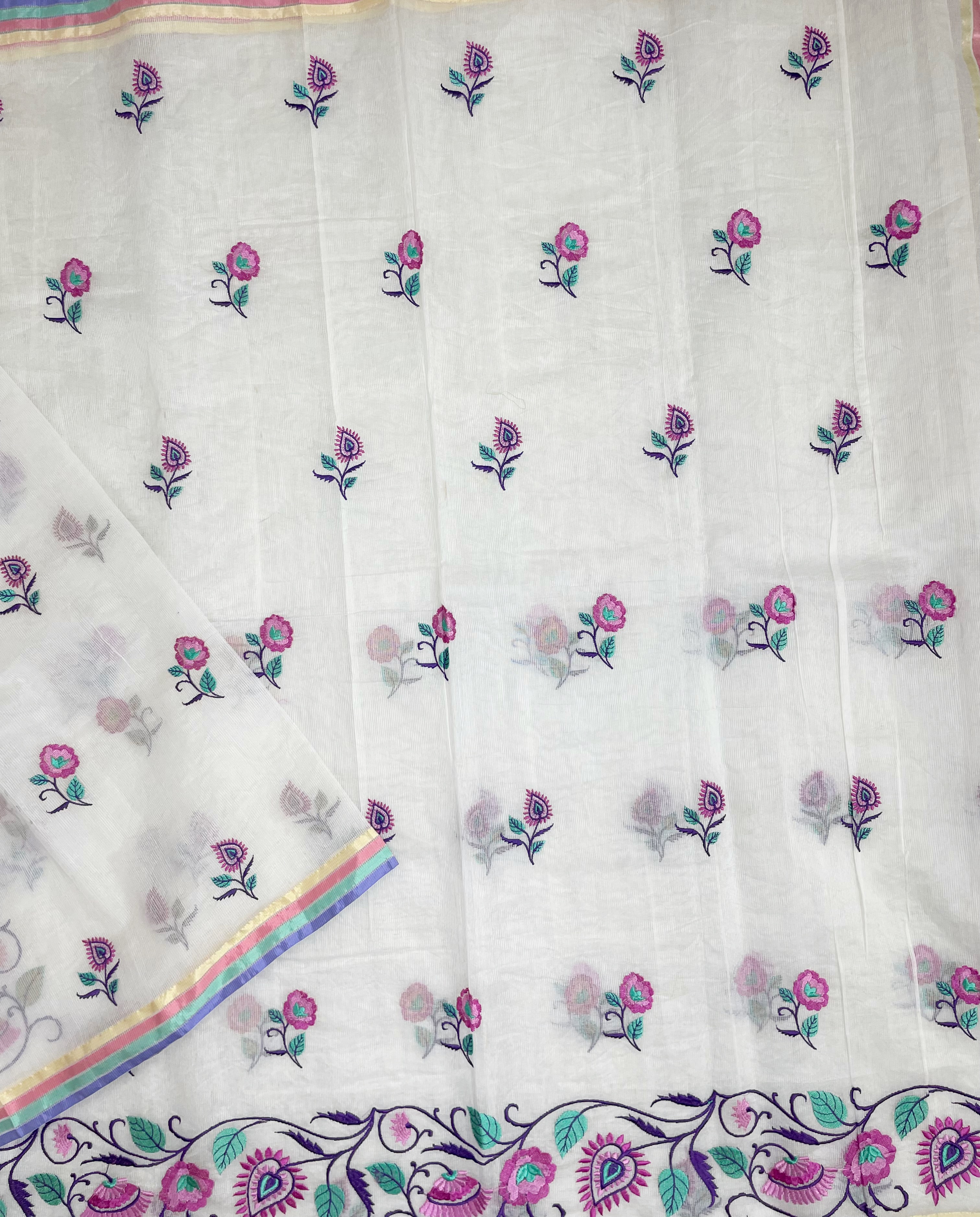 White Supernet saree with embroidery