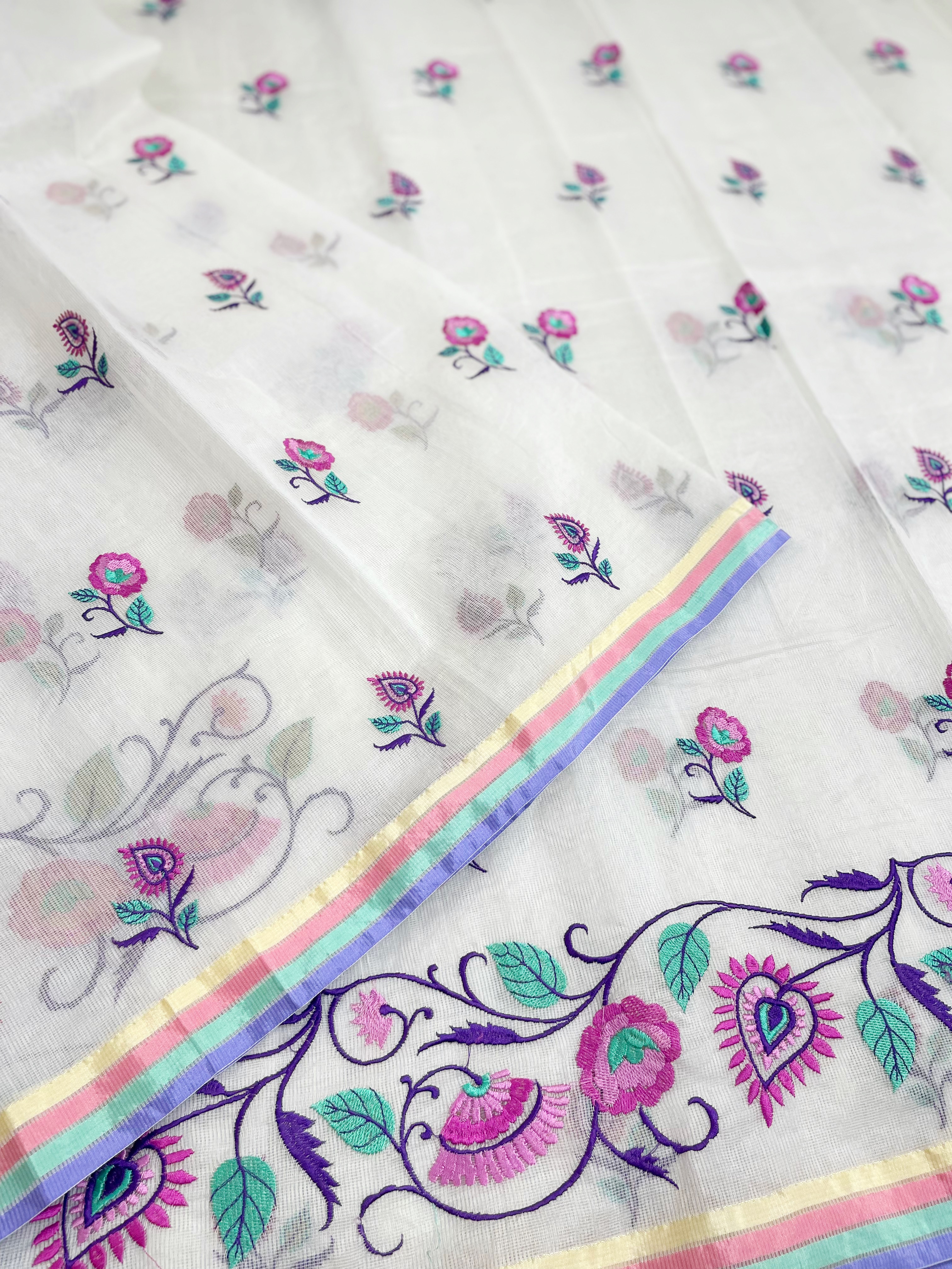White Supernet saree with embroidery