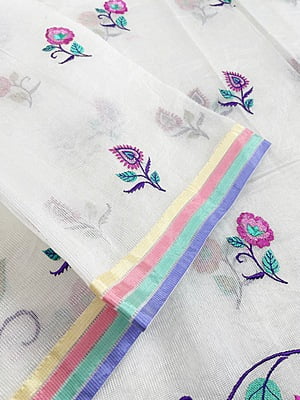 White Supernet saree with embroidery