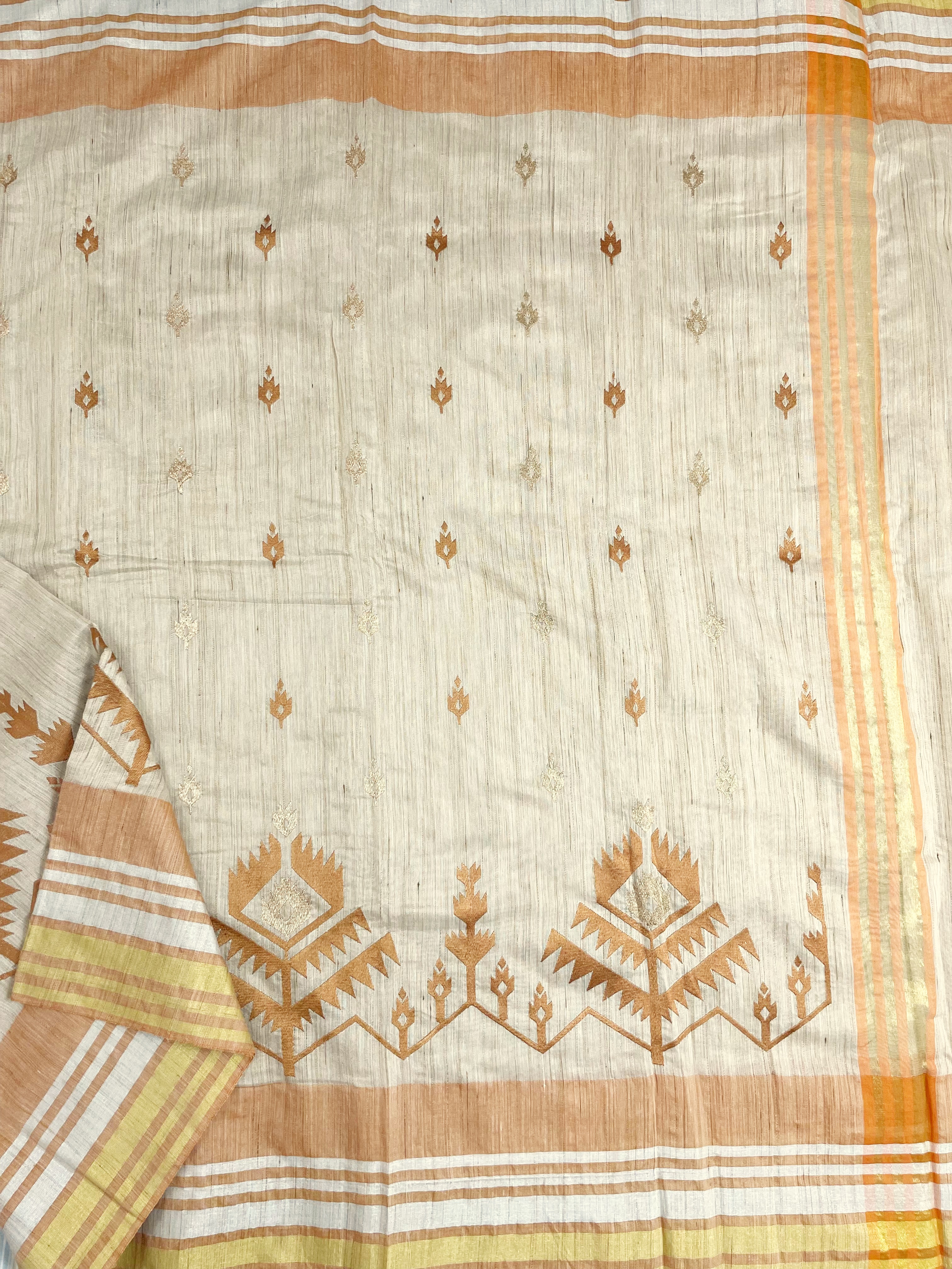 Beige Jute Cotton Embroidered Saree