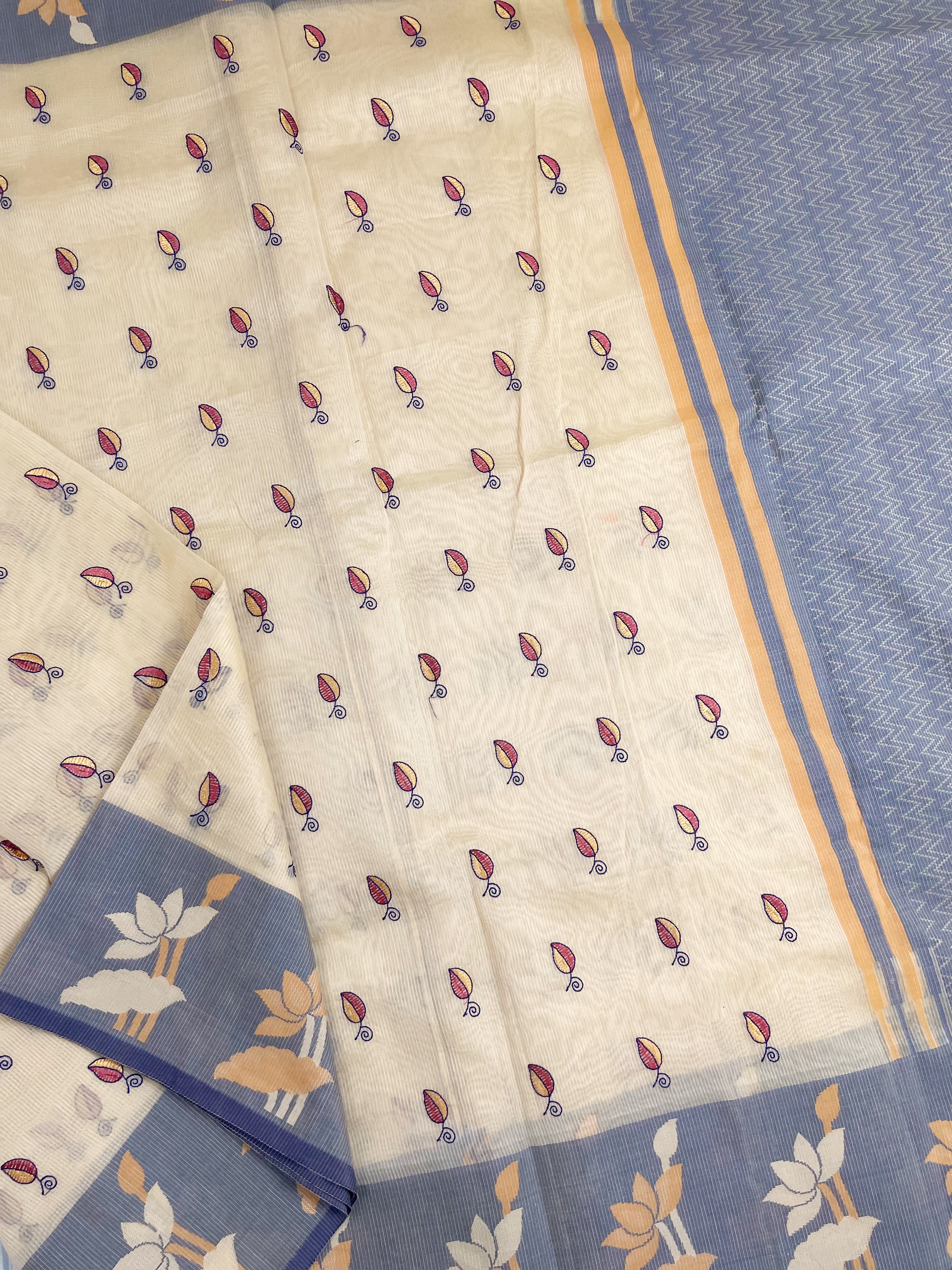 Cream Supernet Saree with Embroidery
