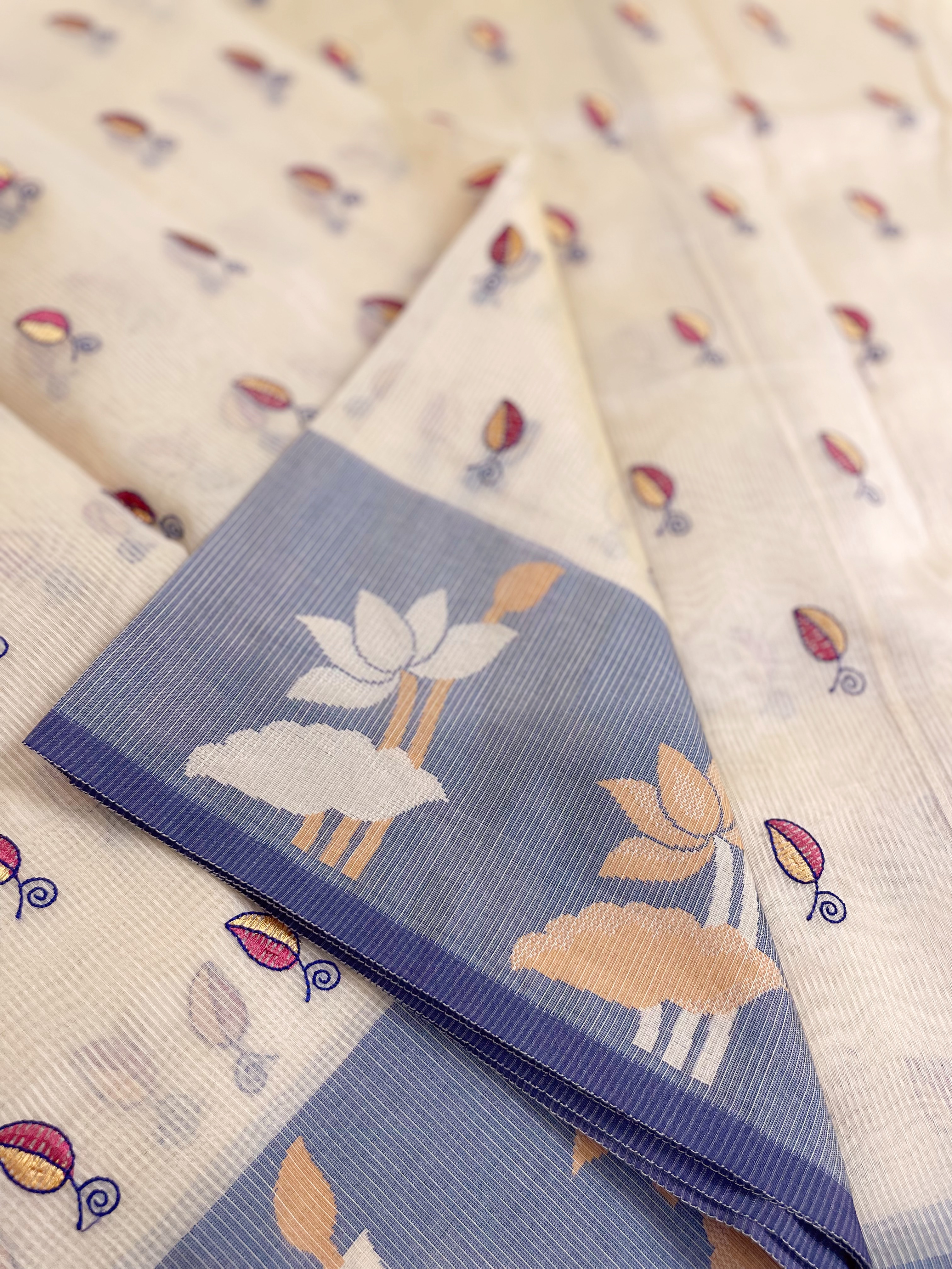 Cream Supernet Saree with Embroidery