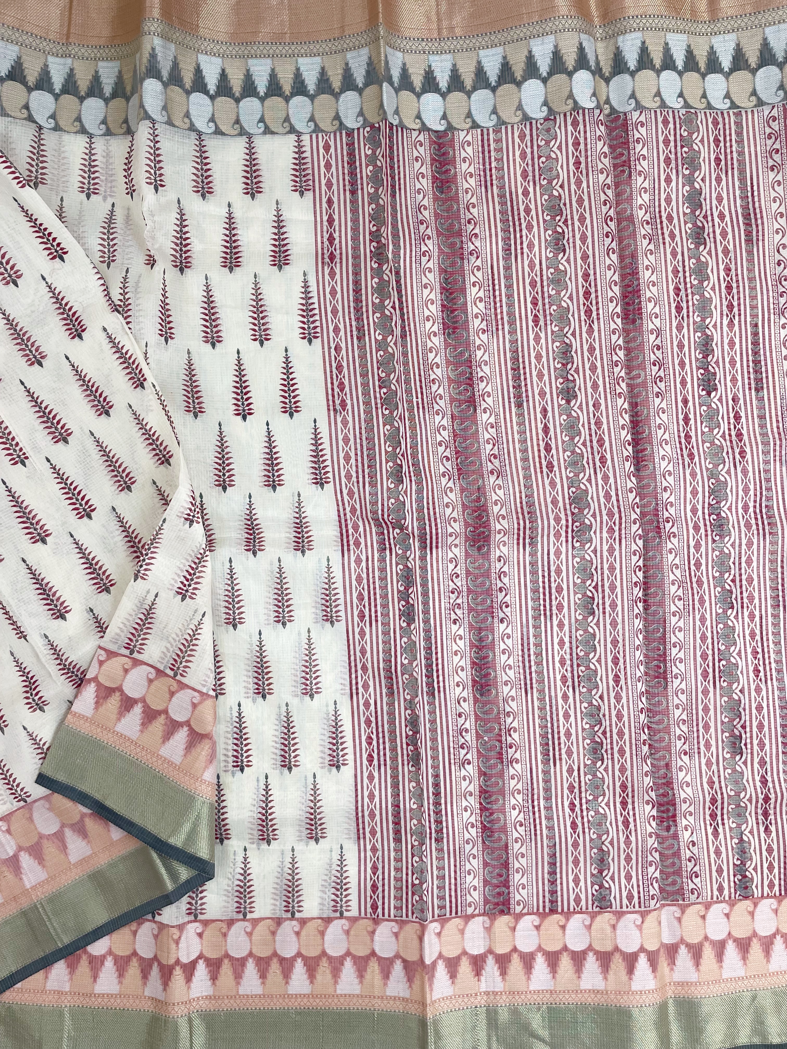 Off-White Kota Saree With Prints