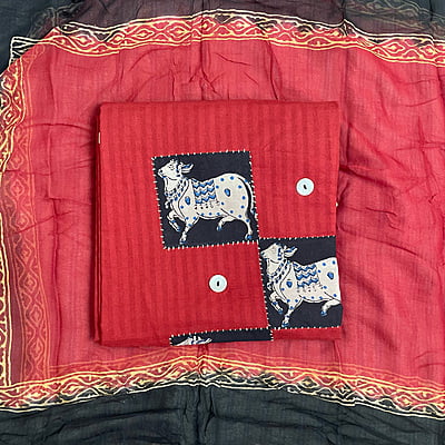 Red Cotton Salwar Suit with Patchwork