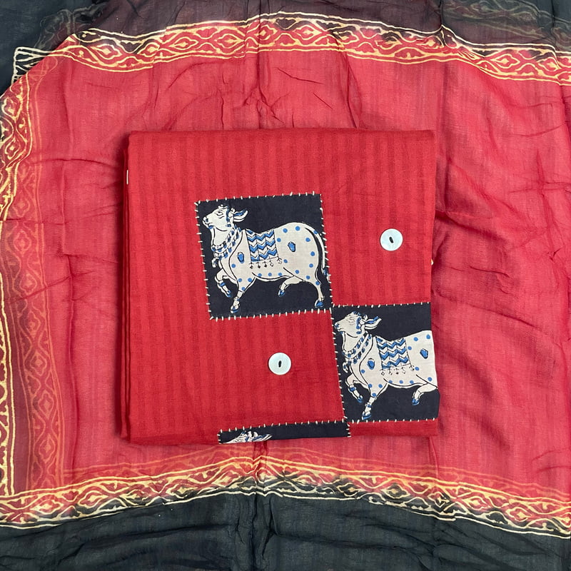 Red Cotton Salwar Suit with Patchwork Red Cotton Salwar Suit with Patchwork