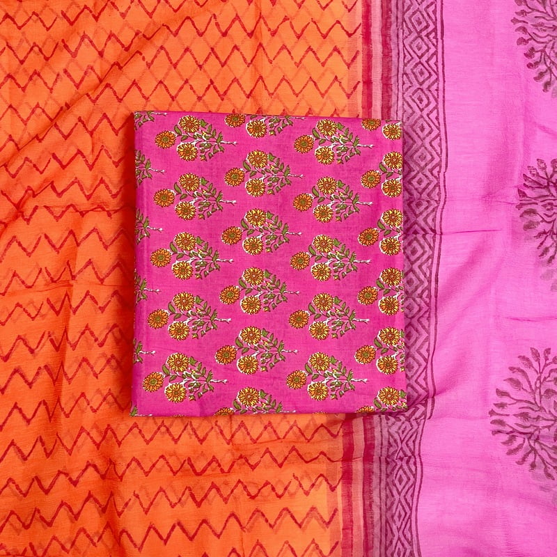 Printed Salwar Suit with Contrast Orange Bottom