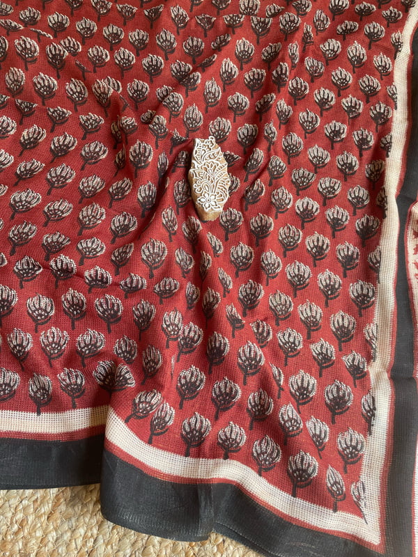 Red and Black Hand Block Printed Dupatta