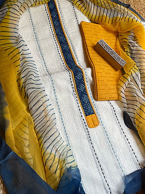 White with Blue and Yellow Dupatta