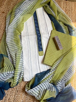 White with Blue and Green Dupatta