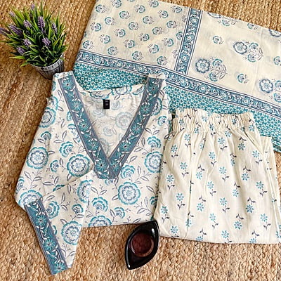 Cotton Salwar Suit with Blue Floral Prints