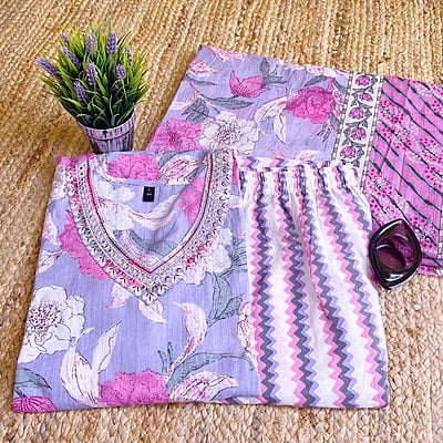 Lavender Cotton Suit with Floral Prints
