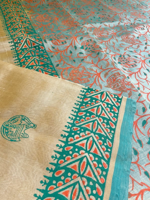 Beige Hand Block Printed Silk Cotton Saree