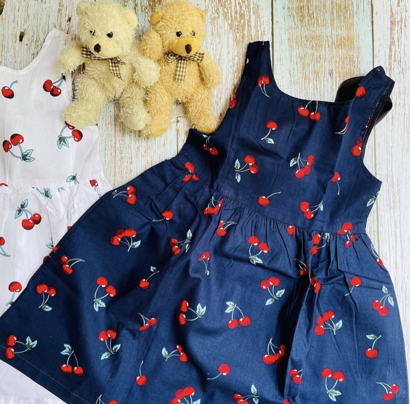 Dark Blue Cotton Dress with Cherry Prints Dark Blue Cotton Dress with Cherry Prints
