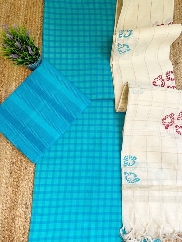 Blue Handloom Self-Checked Suit