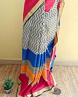 Handblock Printed Kasavu with Multicoloured Border Handblock Printed Kasavu with Multicoloured Border
