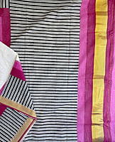 Kasavu with Handblock Prints Pink Border Kasavu with Handblock Prints Pink Border