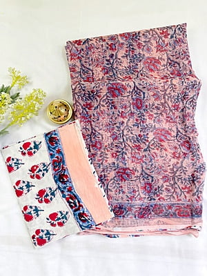 Pink Hand block Printed Kota Saree