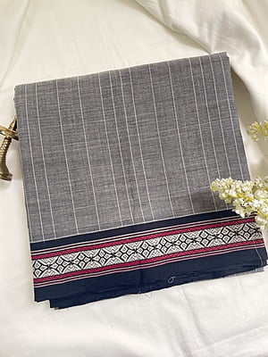 Grey Striped Handloom Cotton Saree
