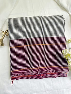 Grey Handloom Cotton Saree with Slub Stripes