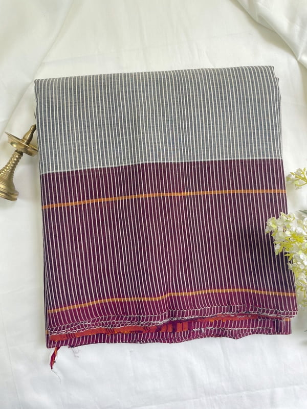 Grey Handloom Cotton Saree with Slub Stripes