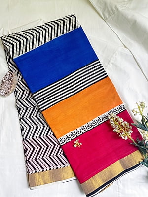 Handblock Printed Kasavu with Multicoloured Border