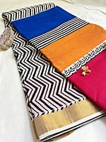 Handblock Printed Kasavu with Multicoloured Border