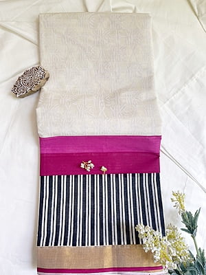 Kasavu with Handblock Prints Pink Border