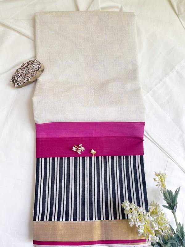 Kasavu with Handblock Prints Pink Border