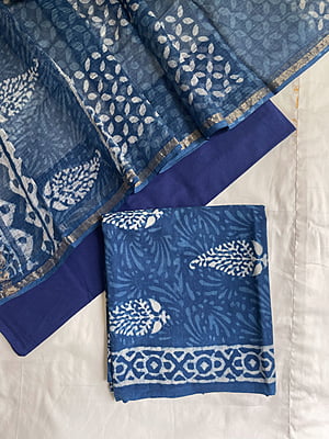 Dark Blue Cotton Salwar Suit With Kota Dupatta
