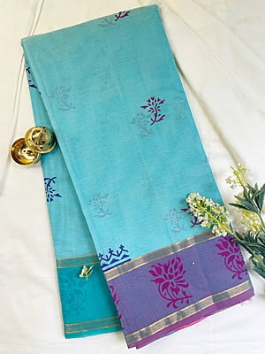Blue Saree with Handblock Prints
