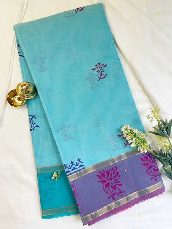 Blue Saree with Handblock Prints