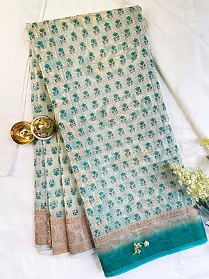 Off-White Printed Supernet Saree