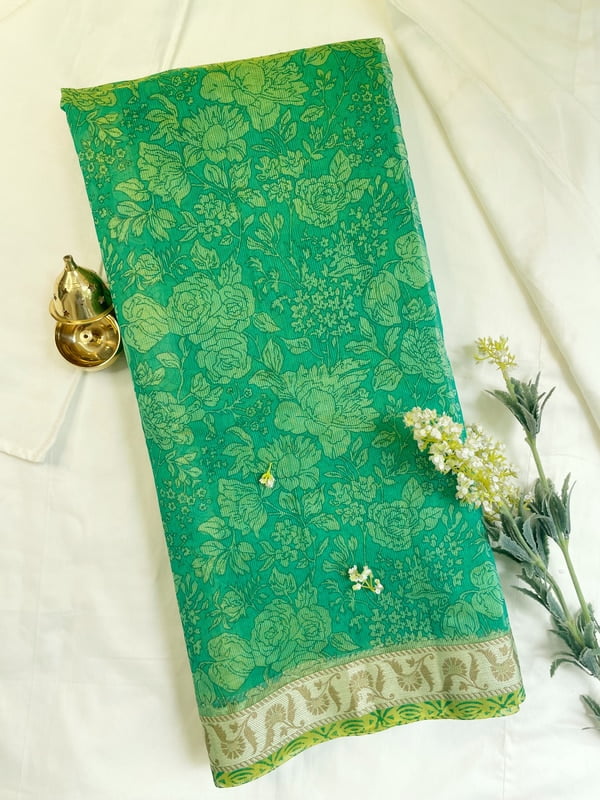 Green Floral Supernet Saree