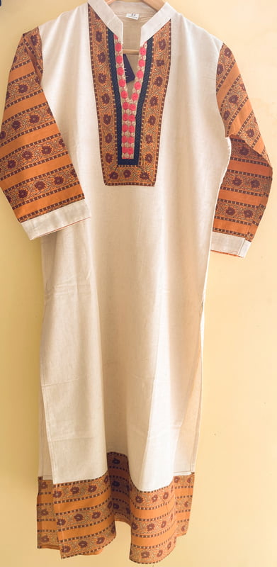 Cream Kurta with Embroidery and Patchwork Yoke