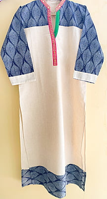 Cream with Printed Blue and Embroidery