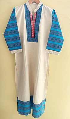 Cream Kurta Blue Embellished Yoke