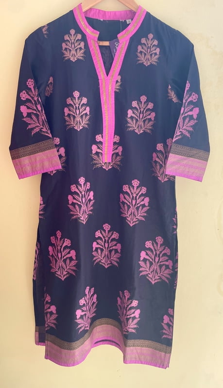 Black Cotton Kurta with Floral Prints
