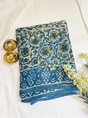 Blue and Off-White Shaded Modal Voile with Ajrakh Prints