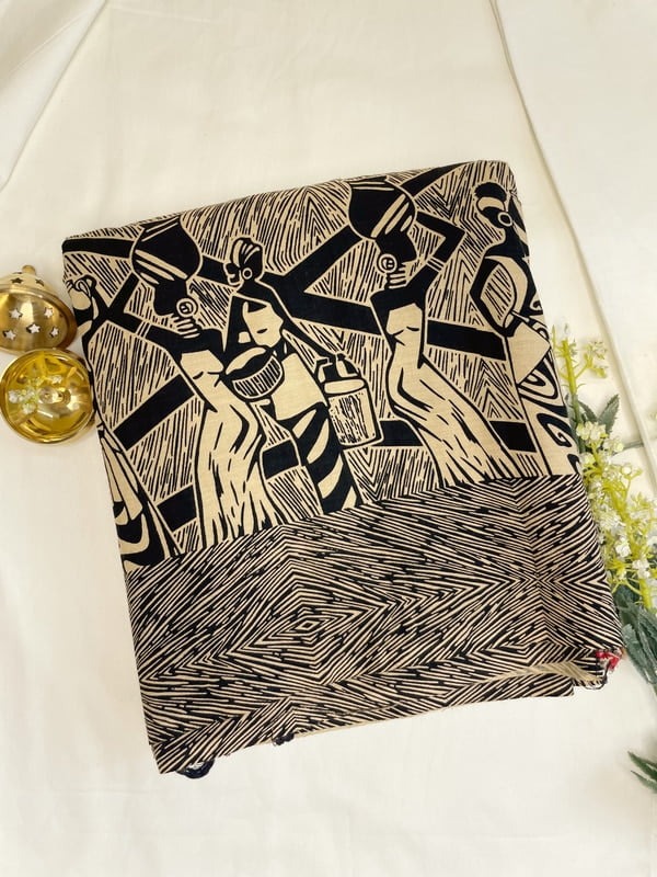 Beige and Black Patli Pallu Khesh Saree