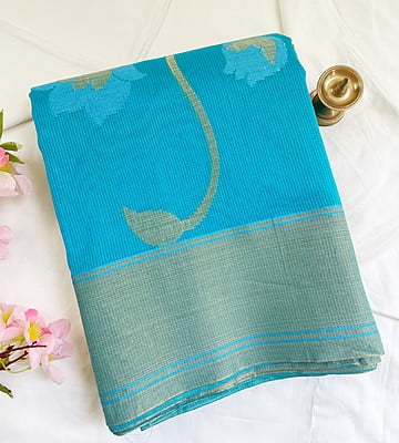 Blue Supernet Saree with Floral Woven Motifs