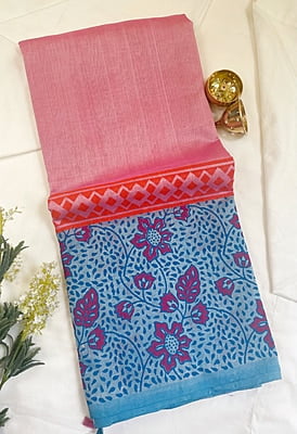 Pink Hand Block Printed Silk Cotton Saree