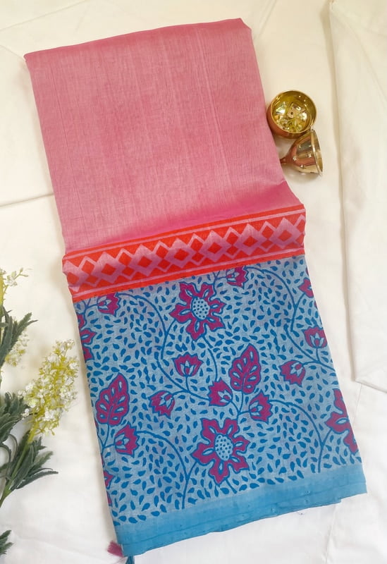 Pink Hand Block Printed Silk Cotton Saree