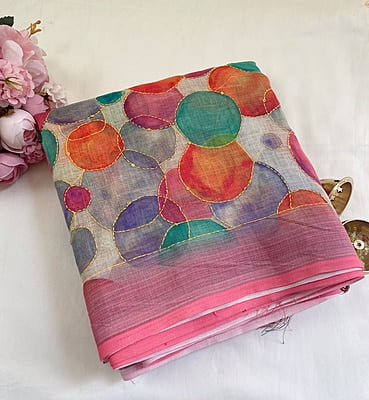 Colourful Linen Saree with Embroidery