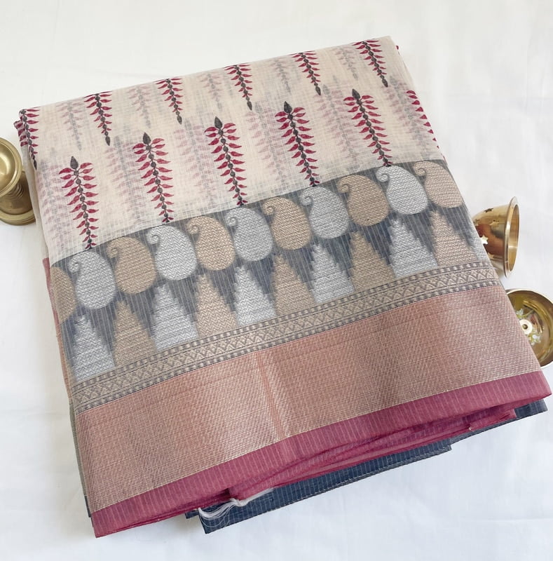 Off-White Kota Saree with Prints