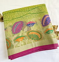 Lime Green Printed Saree with Thread Work Border