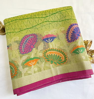 Lime Green Printed Saree with Thread Work Border