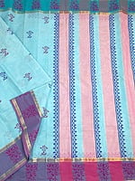 Light Blue Cotton Saree with Hand block prints